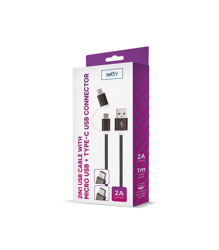Setty 2in1 USB nylon Cable USB to microUSB/USB-C (1m) - Μαύρο