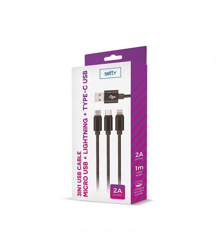 Setty 3in1 USB nylon Cable USB to microUSB/Lightning/USB-C (1m) - Μαύρο