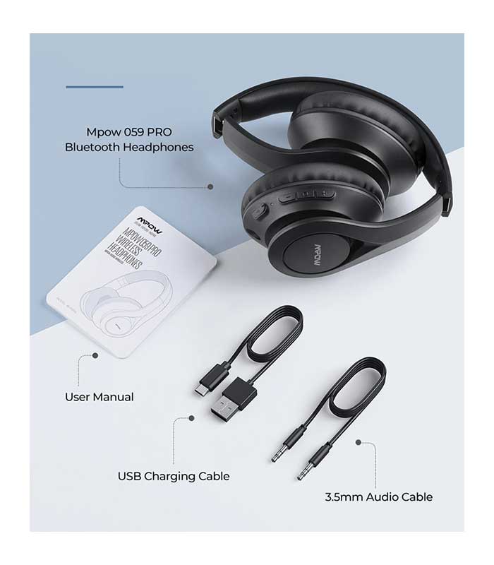 MPOW headphones 059 Pro/Lite, wireless & wired, 40mm, mic, μαύρα